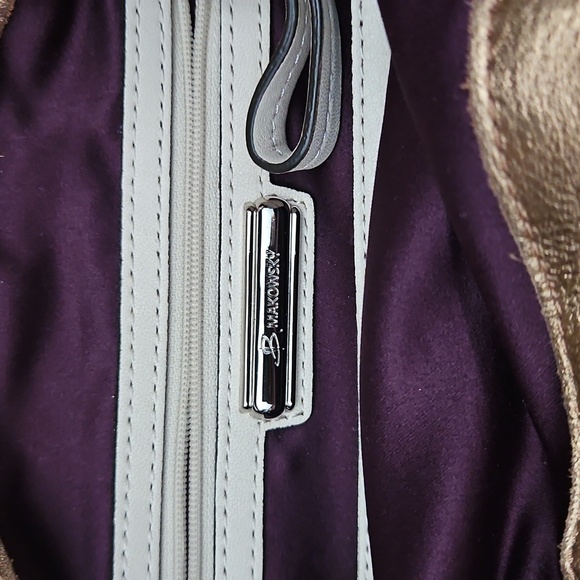 B. Makowsky Pewter Gold Metallic Leather Bag Purse Satchel Handles - Picture 3 of 13